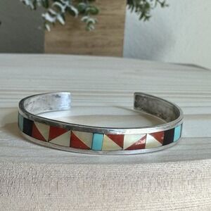 Zuni‎ Zeno Maryann Edaaki Cuff Bracelet 6.25 Open Inlay Gemstones Sterling 13.0g